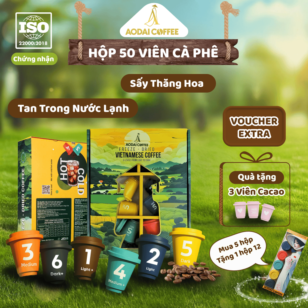 ( Mua 5 hộp tặng 1 hộp 12  viên ) Hộp 50 Viên Cà Phê Sấy THĂNG HOA AODAI COFFEE Cao Cấp Từ Hạt Robus
