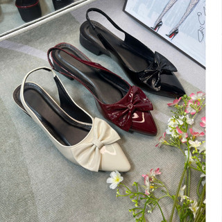  Giày nữ 3p mũi nhọn phối nơ to hở gót 3 màu cao cấp. 