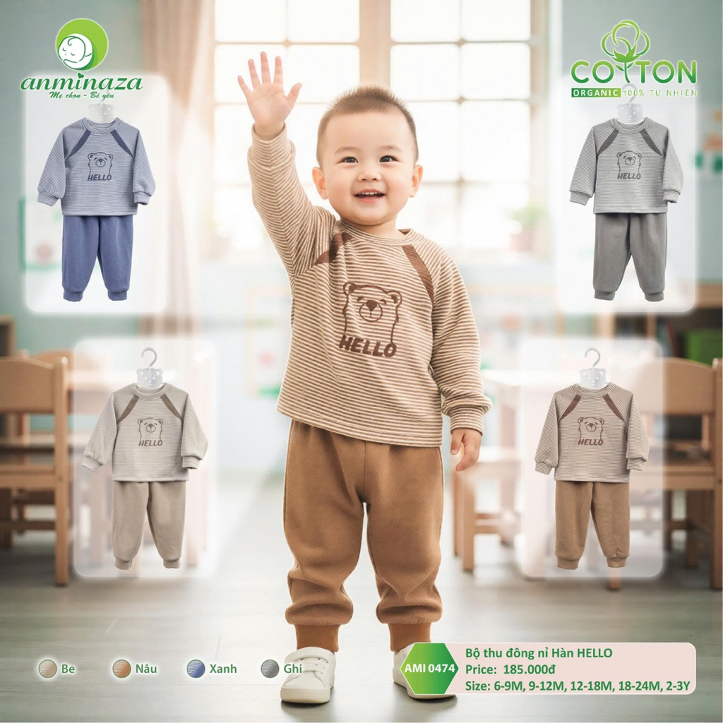 Bộ nỉ lông Aminaza cho bé trai mặc mùa đông ấm áp có size từ 6m đến 3y