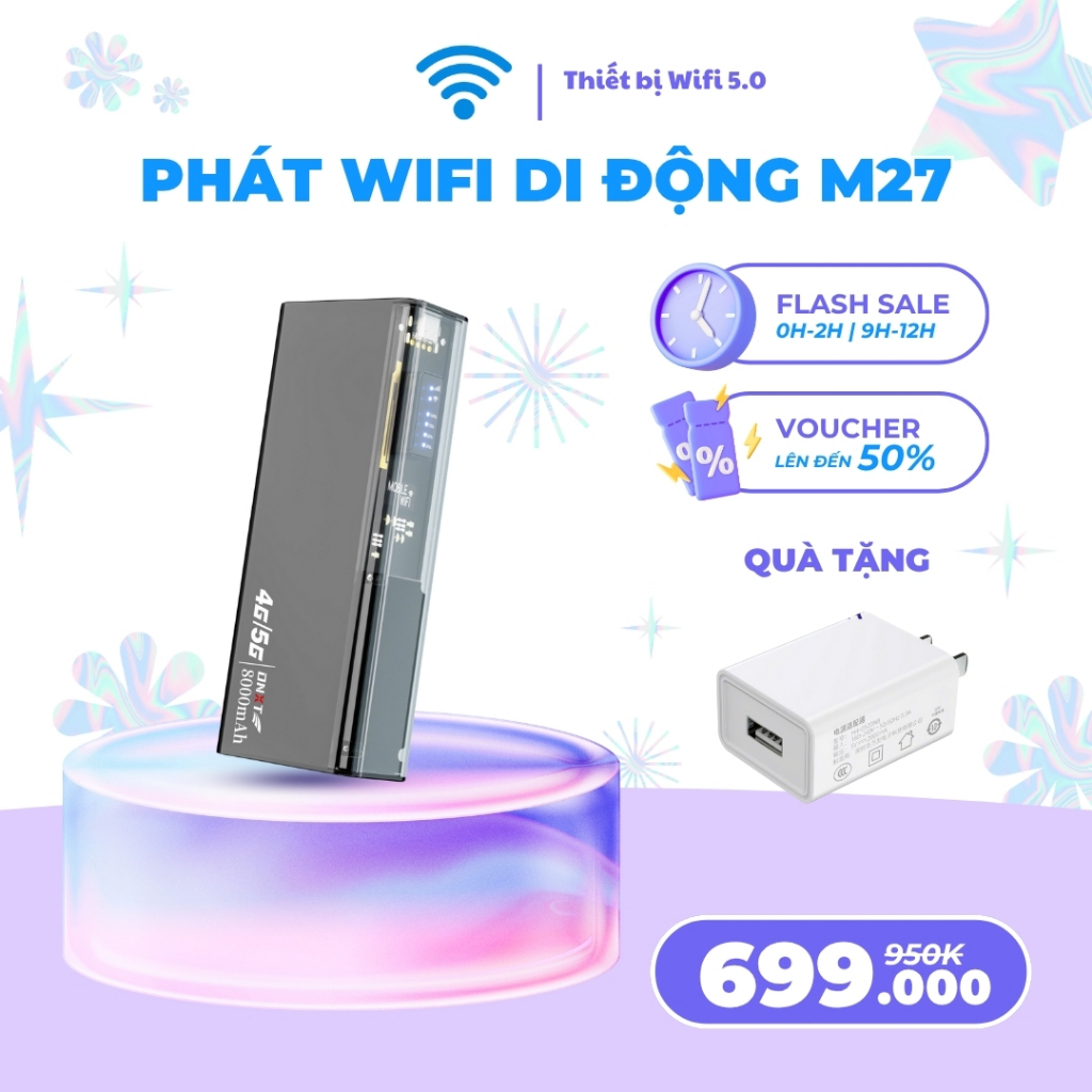 M27 - Phát WIFI bỏ túi kiêm sạc dự phòng pin 8000mAh dùng tới 48 tiếng, lắp được sim tất cả nhà mạng