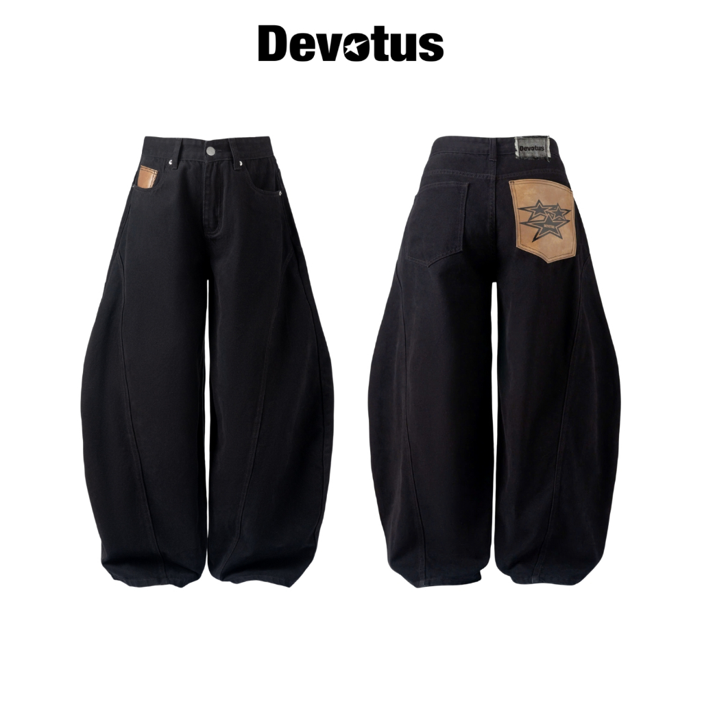 Quần dài Baggy Jeans Denim ống cong đen wash túi da Devotus Local Brand - Leather Pocker Pants