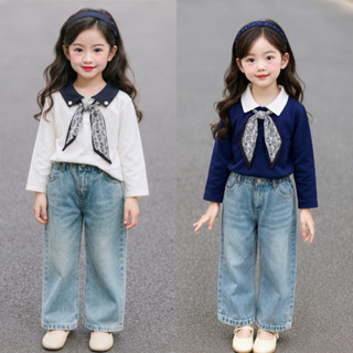  Tặng Khăn Lụa Ong kis Sét áo phông tay dài cổ pholo Kèm quần Jane mền cho bé gái 10-33kg 