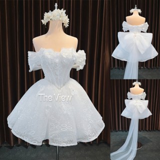  váy cưới NEW cô dâu ngắn đi bàn dáng cúp ngang gối có đuôi nơ voan dáng xòe tay trễ vai ngang 291 