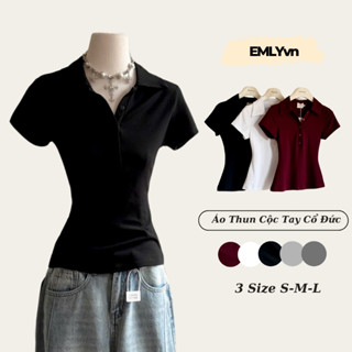EMLYvn - Áo Thun Nữ Cộc Tay Cổ Đức Chất Áo Cotton Zip Ôm Body, Áo Polo Cộc Tay Nữ Dáng Ôm Cao Cấp