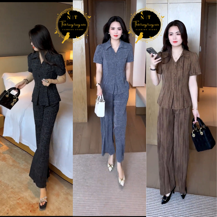 Đồ Bộ Trung Niên TATISSHOP Thiết Kế Cổ Sơ Mi Quần Ống Rộng Sang Trọng Chất Lụa Mango Mềm Mịn Mát - M