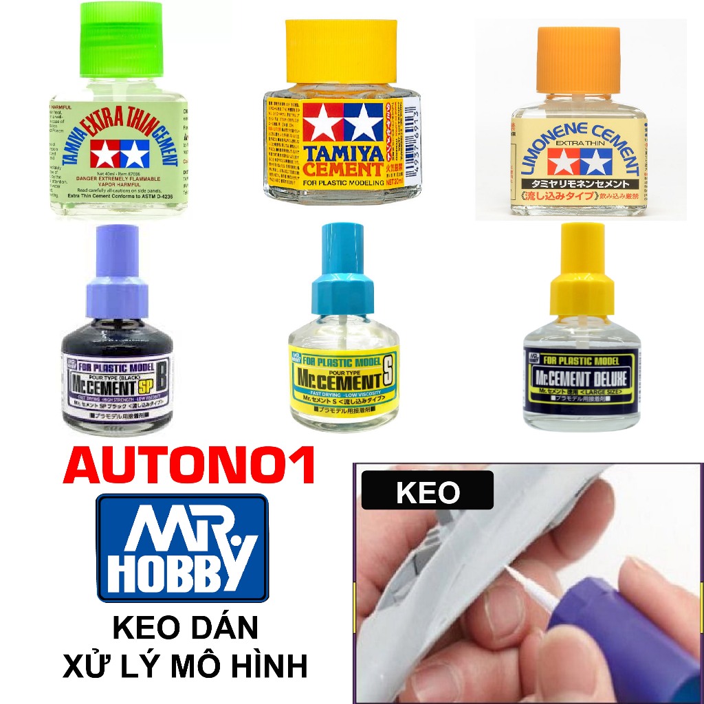 Các loại keo dán mô hình chuyên dụng – Mr.Hobby (Cement S/SP), Tamiya Extra Thin cement, Deli đa năn