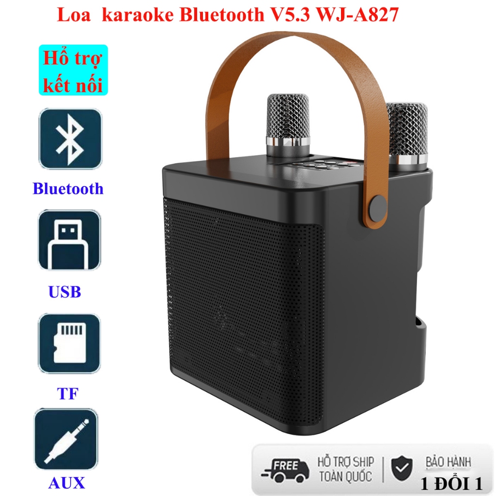 Loa Bluetooth Karaoke V5.3 WJ-A827 hỗ trợ kết nối USB TF AUX tặng kèm 2 micro âm thanh trầm ấm