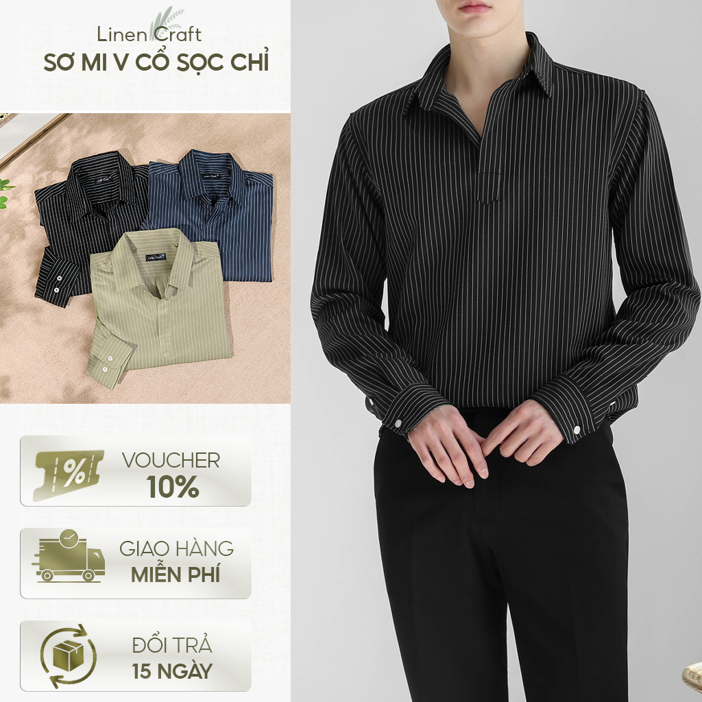 Linen Craft Áo sơmi nam V cổ vải tuytsi premium màu xanh navy, xanh rêu đậm, đen