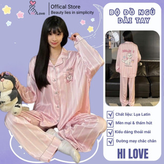  Bộ đồ ngủ nữ dài tay bộ pijama bộ mặc nhà HILOVE set đồ ngủ lụa LATIN cao cấp mềm mát thấm hút mồ hôi họa tiết đáng yêu 