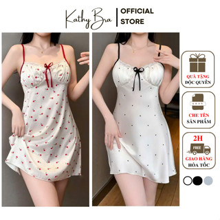  V10  CÓ MÚT + CHIP  Váy Ngủ Lụa Satin 2 dây Đính Nơ KATHY BRA Chất Lụa Cao Cấp Mềm Mịn Mát Tôn Dáng 