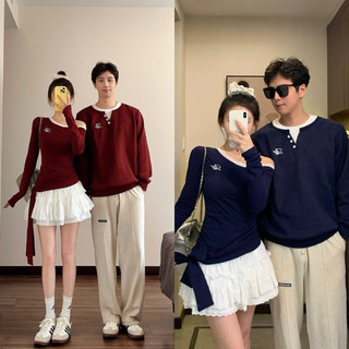 Áo cặp đôi - đồ đôi thu đông áo tay dài lệch vai vạt nơ màu đỏ/ xanh navy siêu xinh - FOREVER COUPLE