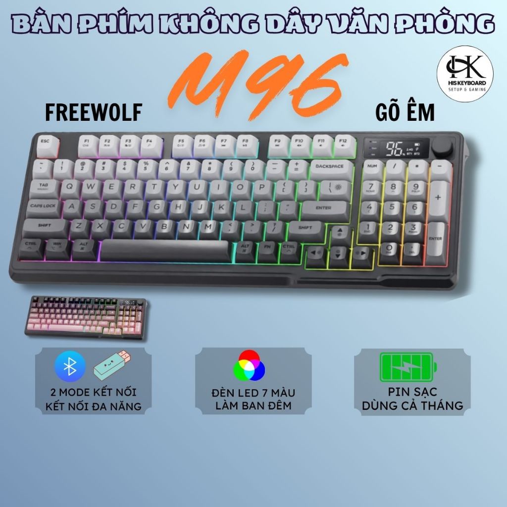 Bàn Phím Không Dây FreeWolf M96 Full Size, LED 7 Màu, Pin 2000mAh, Keycap PBT Cao Cấp, Có Màn Hình