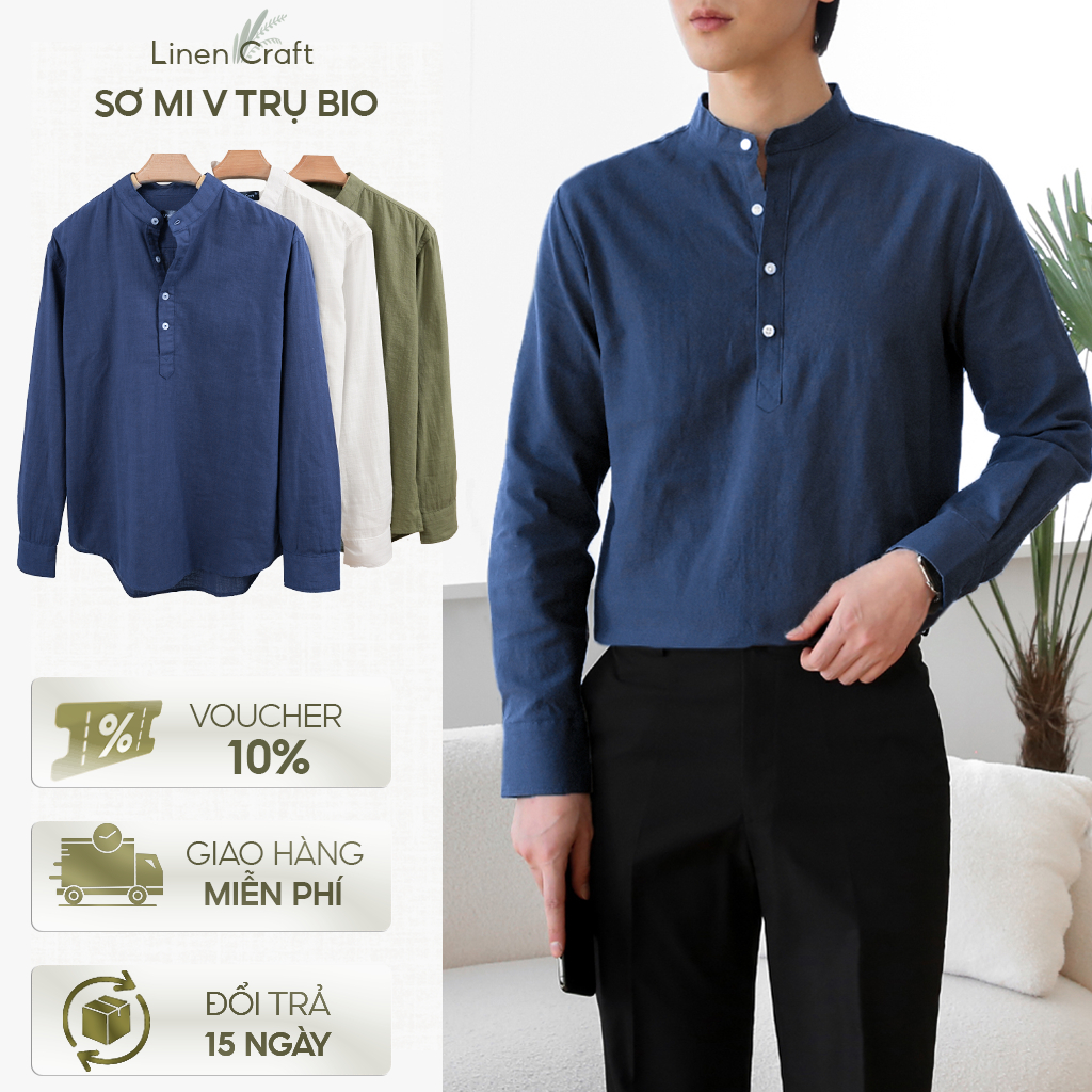 Áo linen nam cổ V trụ Bio tay dài  | Vải linen cao cấp, thoáng mát – LINEN CRAFT