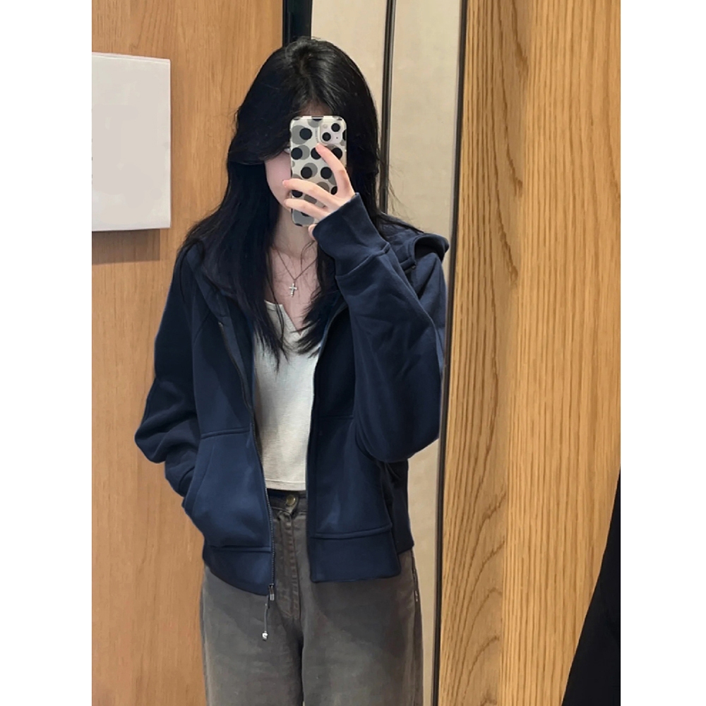 Áo Khoác Nữ Mỏng Vai Thẳng Màu Xanh Navy Áo Hoodie Cardigan Chất Vải Nỉ Mềm Mịn Thoải Mái Form Basic Vừa Vặn | BigBuy360 - bigbuy360.vn