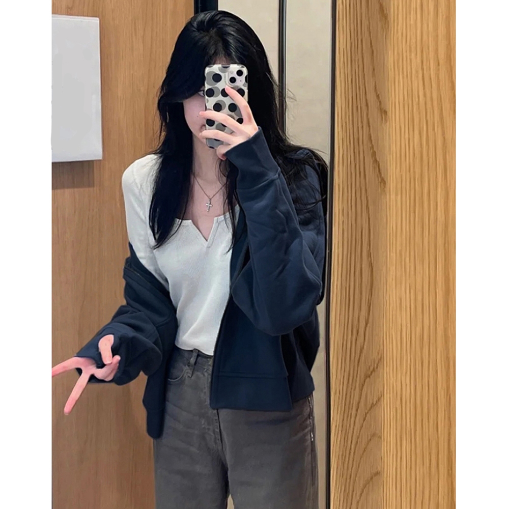 Áo Khoác Nữ Mỏng Vai Thẳng Màu Xanh Navy Áo Hoodie Cardigan Chất Vải Nỉ Mềm Mịn Thoải Mái Form Basic Vừa Vặn | BigBuy360 - bigbuy360.vn