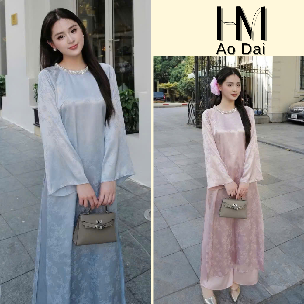 Áo dài Tết Tâm Giao dáng cách tân vải lụa gấm thanh trúc cổ tròn đính kết thủ công cao cấp mặc dịp lễ tết, lễ hội