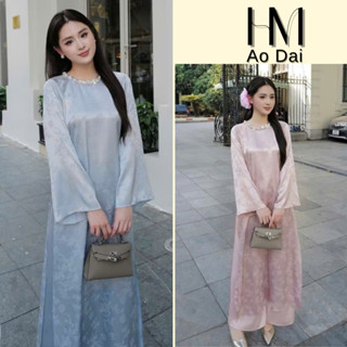 Áo dài Tết Tâm Giao dáng cách tân vải lụa gấm thanh trúc cổ tròn đính kết thủ công cao cấp mặc dịp lễ tết, lễ hội