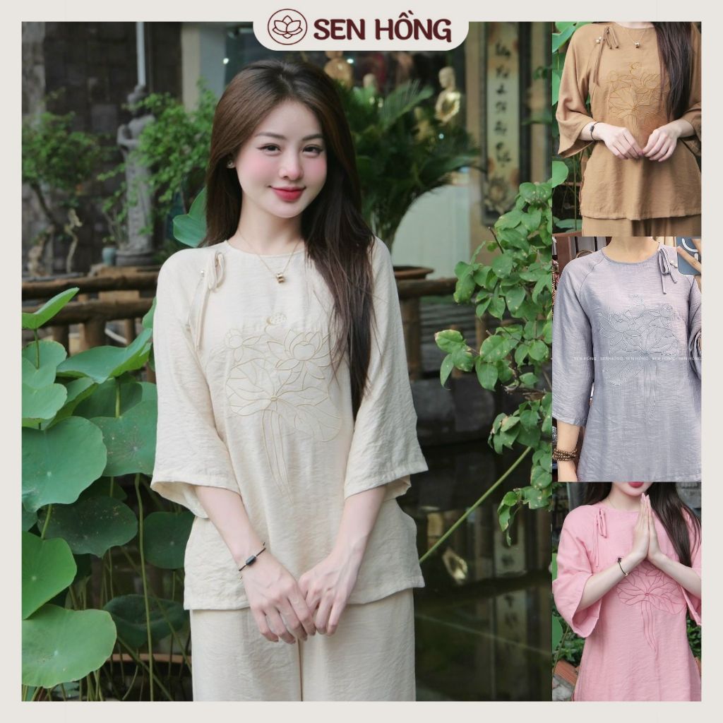 Bộ đồ Pháp phục nữ thêu sen - Mẫu quần áo Phật tử # đồ lam đi chùa trang nhã chất vải đũi lụa thêu sen mềm mát G30