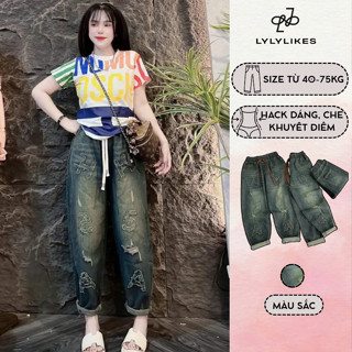  Lylylikes 015 Quần Jean Baggy Nữ Cạp Chun Thêu Họa Tiết Chữ 