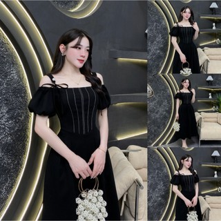  D89 - Váy Thiết Kế Evii dành cho nữ Đầm thiết kế trễ vai tay bồng dây nơ liền phối viền chỉ trước ngực dáng A xòe dài 