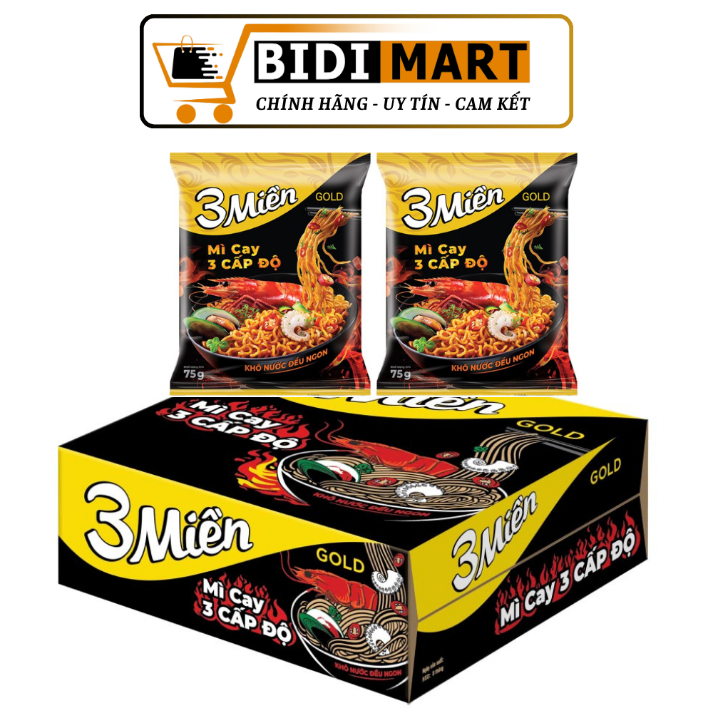 Thùng 30 gói mì 3 Miền Gold cay 3 cấp độ gói 75g - Mì 3 miền chua cay 3 cấp độ.