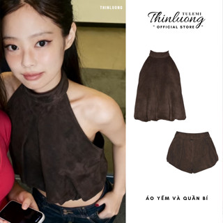 Áo yếm nữ và quần bí màu nâu tôn dáng áo yếm hở lưng và quần màu nâu Jennie