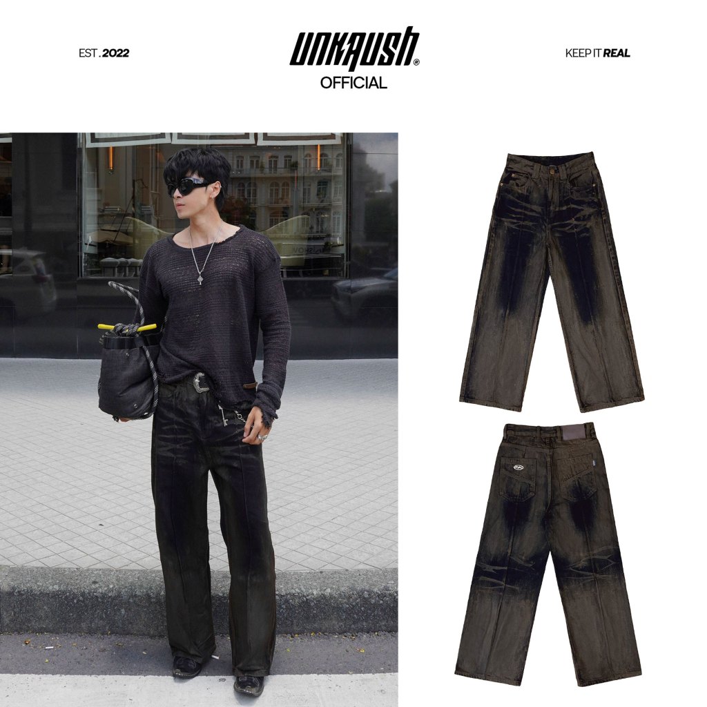 Quần jeans UNKRUSH dirty coating unisex ống rộng streetwear - DIRTY Coating Jeans
