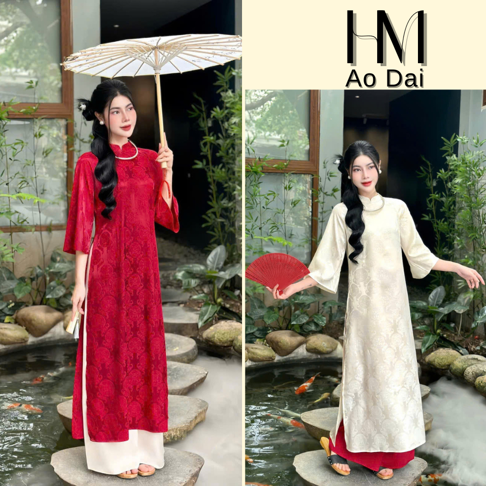  Áo dài cách tân lụa gấm tơ cao cấp hoạ tiết thọ rơi dáng suông cổ cao tay lỡ may sẵn mặc dịp cưới hỏi lễ tết đồng phục 