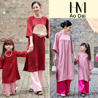  Áo dài Tết cách tân cho Mẹ và Bé Gái dáng suông cổ tròn tay lỡ đính cúc vải lụa trơn phối màu đẹp mặc dịp tết lễ hội 