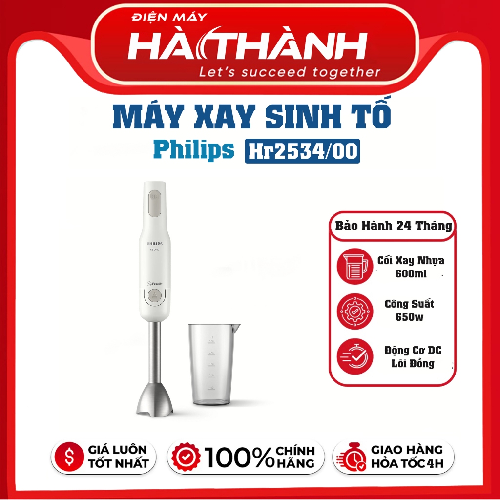 Máy Xay Sinh Tố Cầm Tay Philips Promix HR2534/00, 650W Thanh Kim Loại, Bảo Hành Chính Hãng