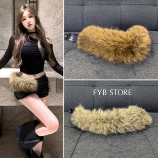 B24 - Đai lông da kết hợp dây xích kèm móc khóa đính hạt kim cương thắt lưng lông cáo xám nâu dây nịt lông chồn mùa đông