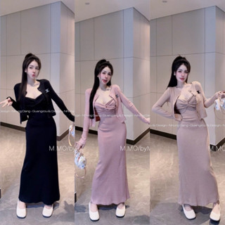  Đầm 2s body len tăm nơ ngực dáng dài phối áo khoác ngoài siêu đẹp sang chảnh  chuẩn mẫu mặc  