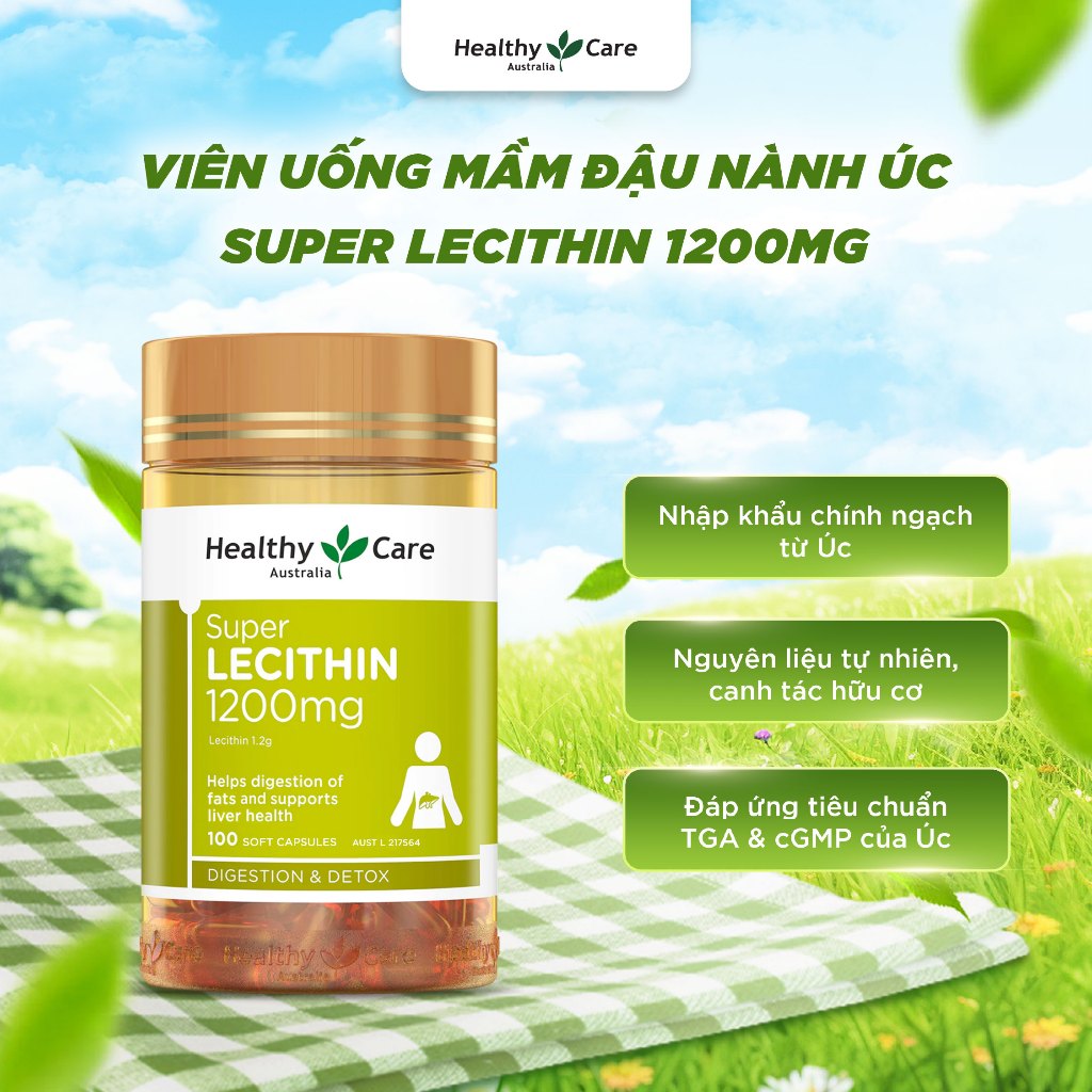 Mầm đậu nành Healthy Care Super Lecithin 1200mg của Úc 100 viên