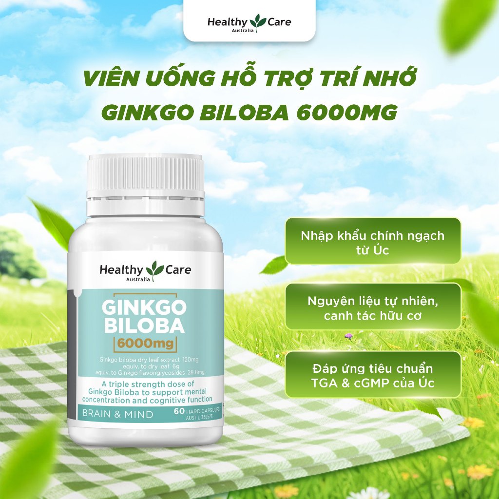 Viên Uống Bổ Não Healthy Care Ginkgo Biloba 6000mg Cải Thiện Trí Nhớ 60 Viên