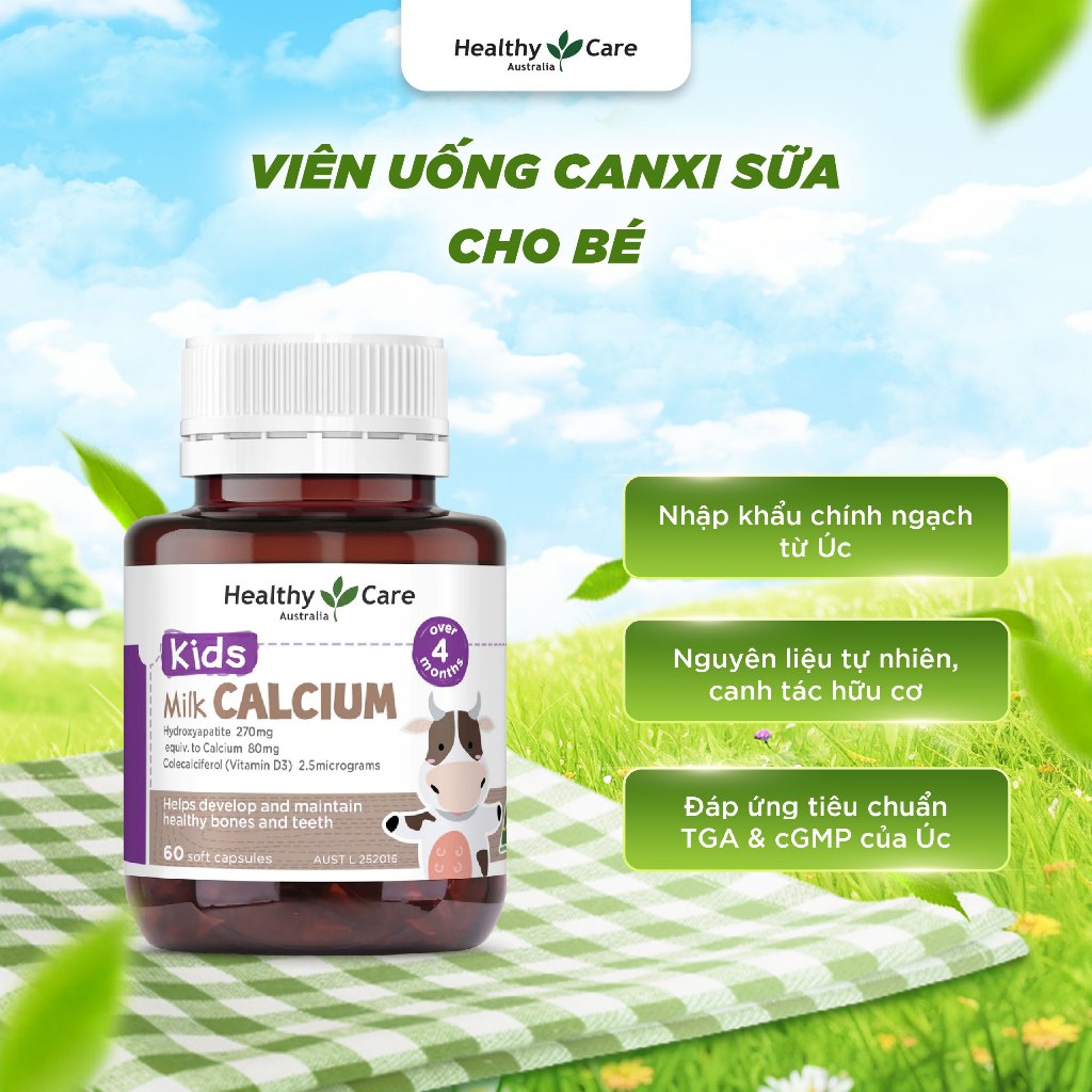 Viên Uống Canxi Sữa Cho Bé Healthy Care Kids Milk Calcium Hộp 60 Viên
