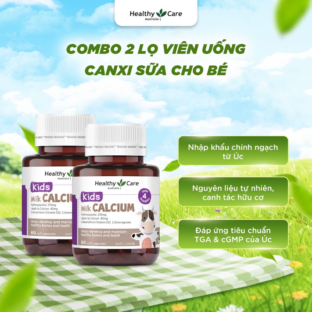 Combo Viên Uống Canxi Sữa Cho Bé Healthy Care Kids Milk Calcium Hộp 60 Viên