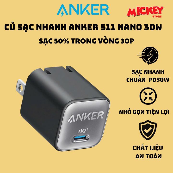 Củ sạc nhanh 30W chính hãng Anker 511 Nano 3 - Nhỏ gọn - Sạc đầy 50% pin trong vòng 30P