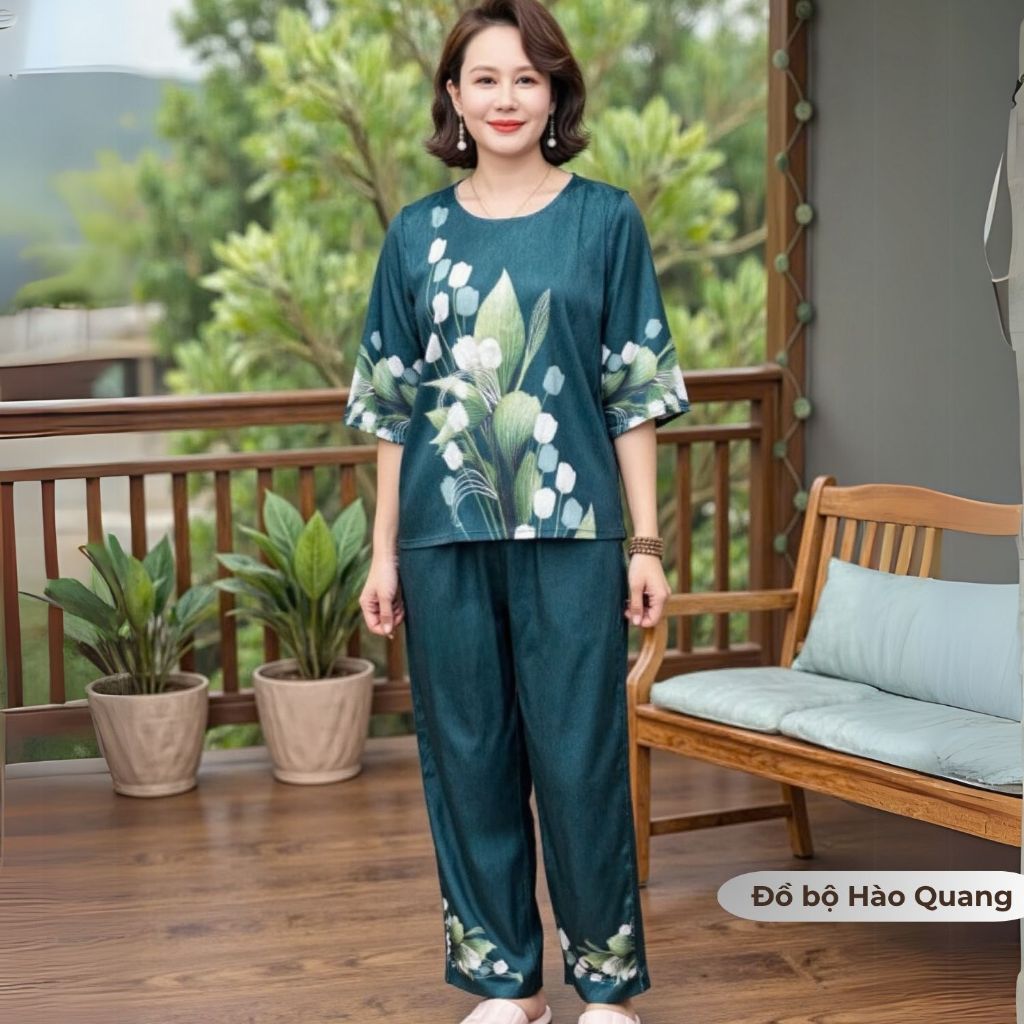 Đồ bộ trung niên cho mẹ, cho bà, Lụa Vân Gỗ Hào Quang cao cấp in hoa, đồ ngủ, nhẹ, mát mẻ Xanh CổVịt