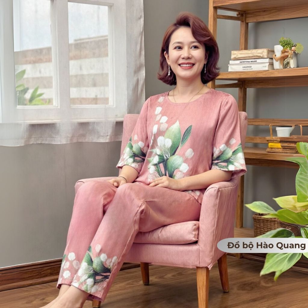 Đồ bộ trung niên cho mẹ, cho bà, Lụa Vân Gỗ Hào Quang in hoa, đồ ngủ, nhẹ, mát mẻ Hồng Cánh Sen