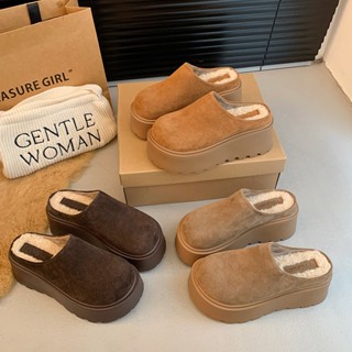  Giày sục lông vũ bản da lộn đế răng cưa cao 7cm phong cách Hàn Quốc 