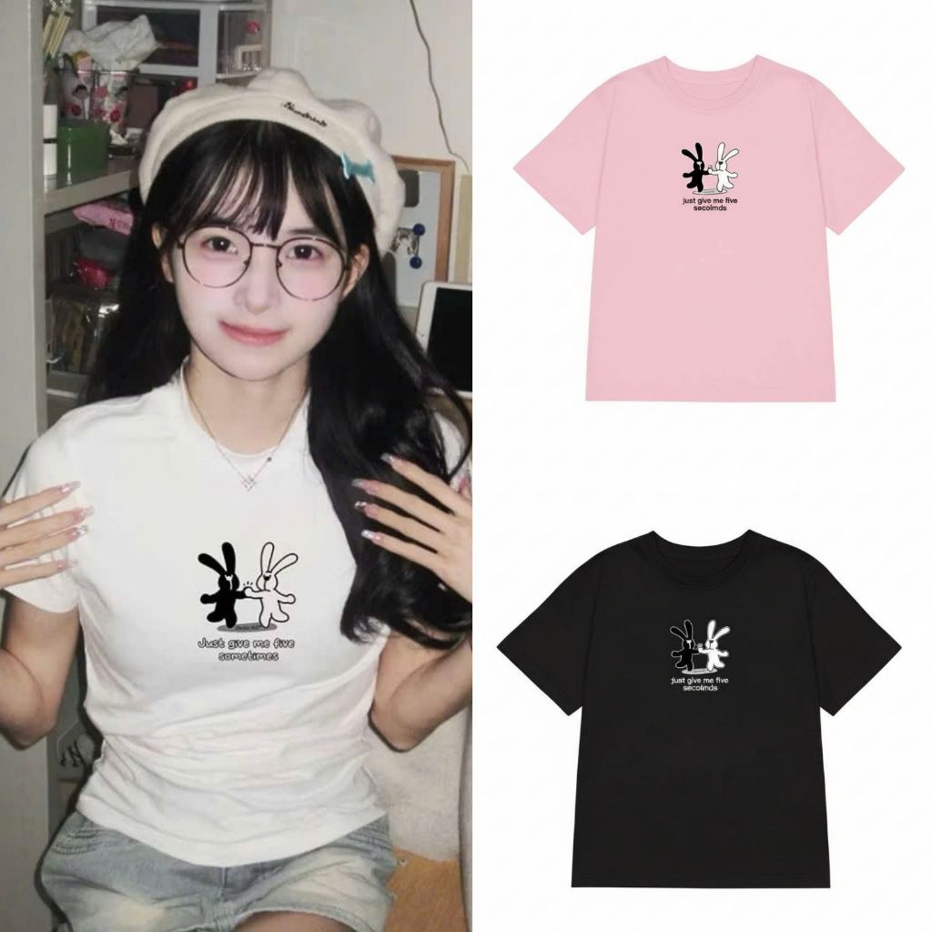 Áo thun in cặp đôi thỏ kèm chữ just give me five seconds freesize dưới 55kg 3 màu VANISA CT452