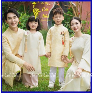 Áo dài gia đình Tết 2026, Nam vải gấm dệt, Nữ vải Lụa mềm mát, dễ chịu, vân họa tiết vàng nhạt xinh xắn- ÁO DÀI CÁT NHÃ