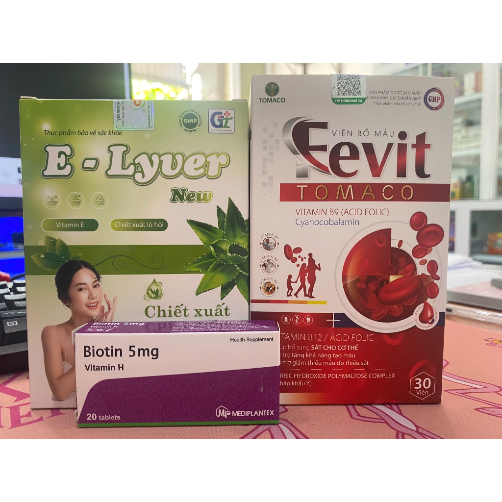 Combo hỗ trợ mọc tóc giúp tóc chắc khỏe Biotin + Fevit + E
