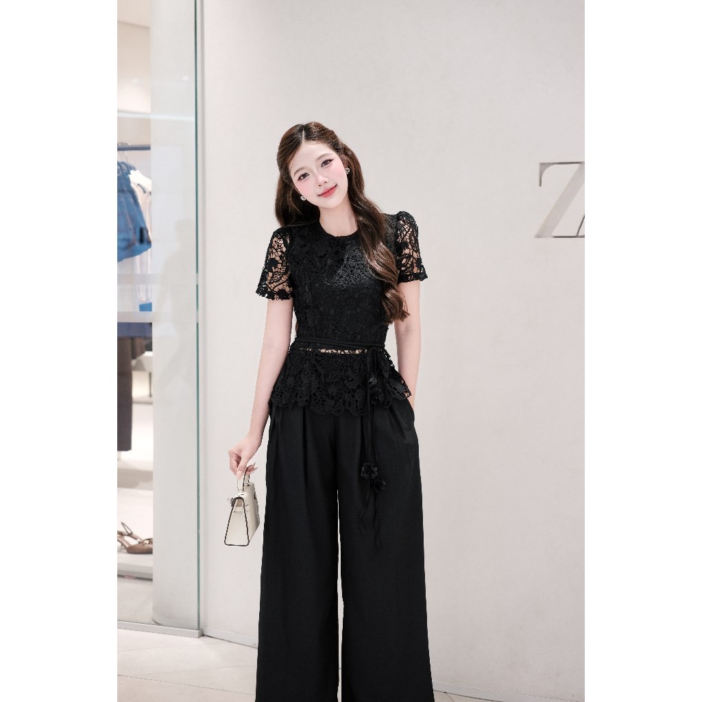 Set áo ren nữ Hb.closet phối quần ống rộng sang trọng, tôn dáng S29