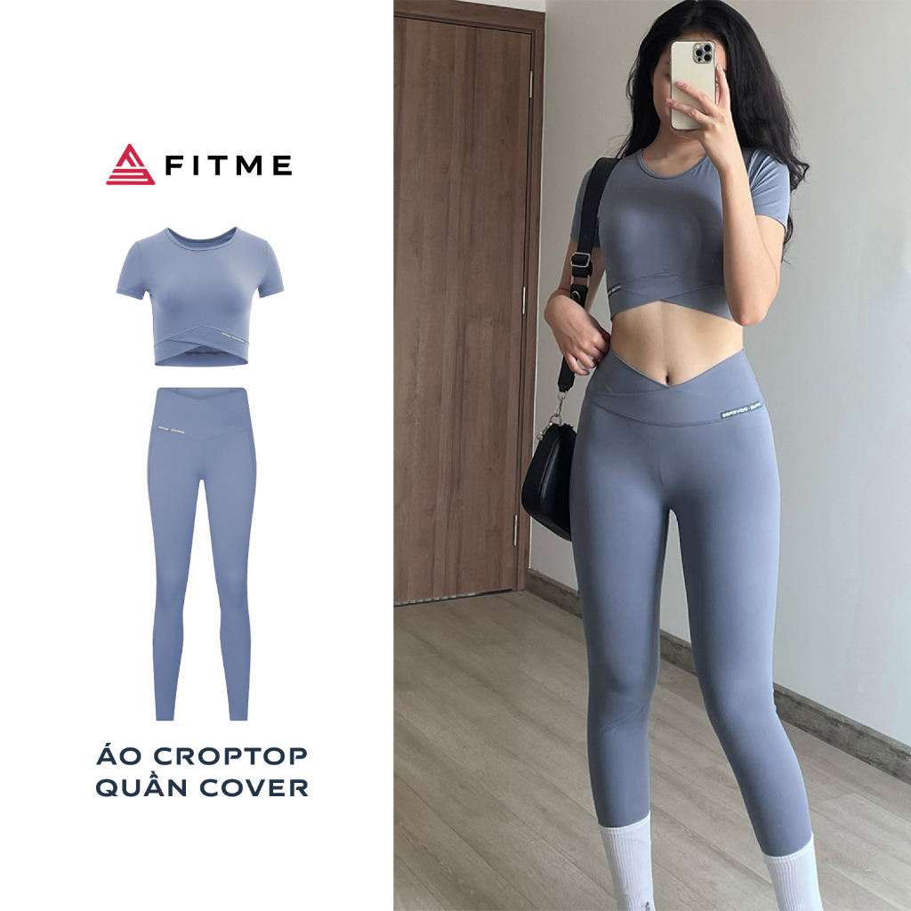 Bộ đồ thể thao tập gym yoga áo thun croptop quần legging phối xéo Fitme Cover23 Xám xanh