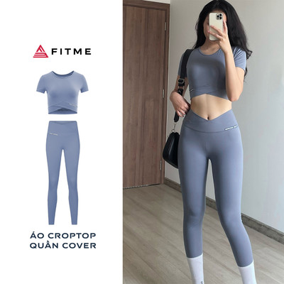 Bộ đồ thể thao tập gym yoga áo thun croptop quần legging phối xéo Fitme Cover23 Xám xanh
