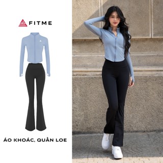 Bộ đồ tập gym yoga Fitme áo khoác croptop fullzip Xám Xanh, Quần legging dài ống loe Flare Đen