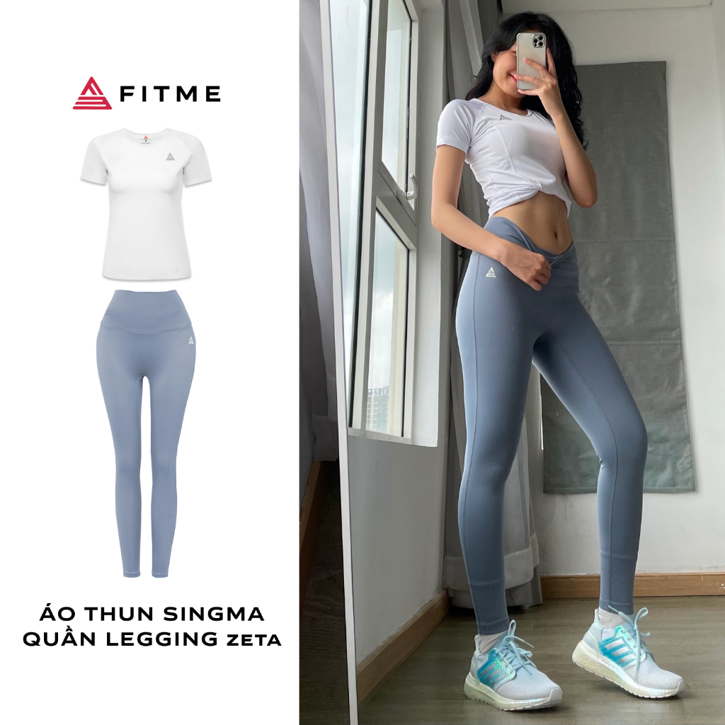Bộ đồ tập gym nữ Fitme áo thể thao Sigma Trắng, quần legging dài Xám Xanh form body cao cấp