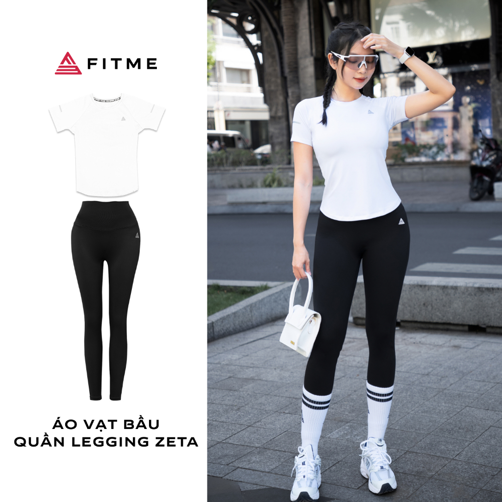 Bộ thể thao tập gym yoga Fitme áo thun vạt bầu Trắng, quần legging dài Zeta Đen