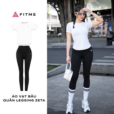 Bộ thể thao tập gym yoga Fitme áo thun vạt bầu Trắng, quần legging dài Zeta Đen